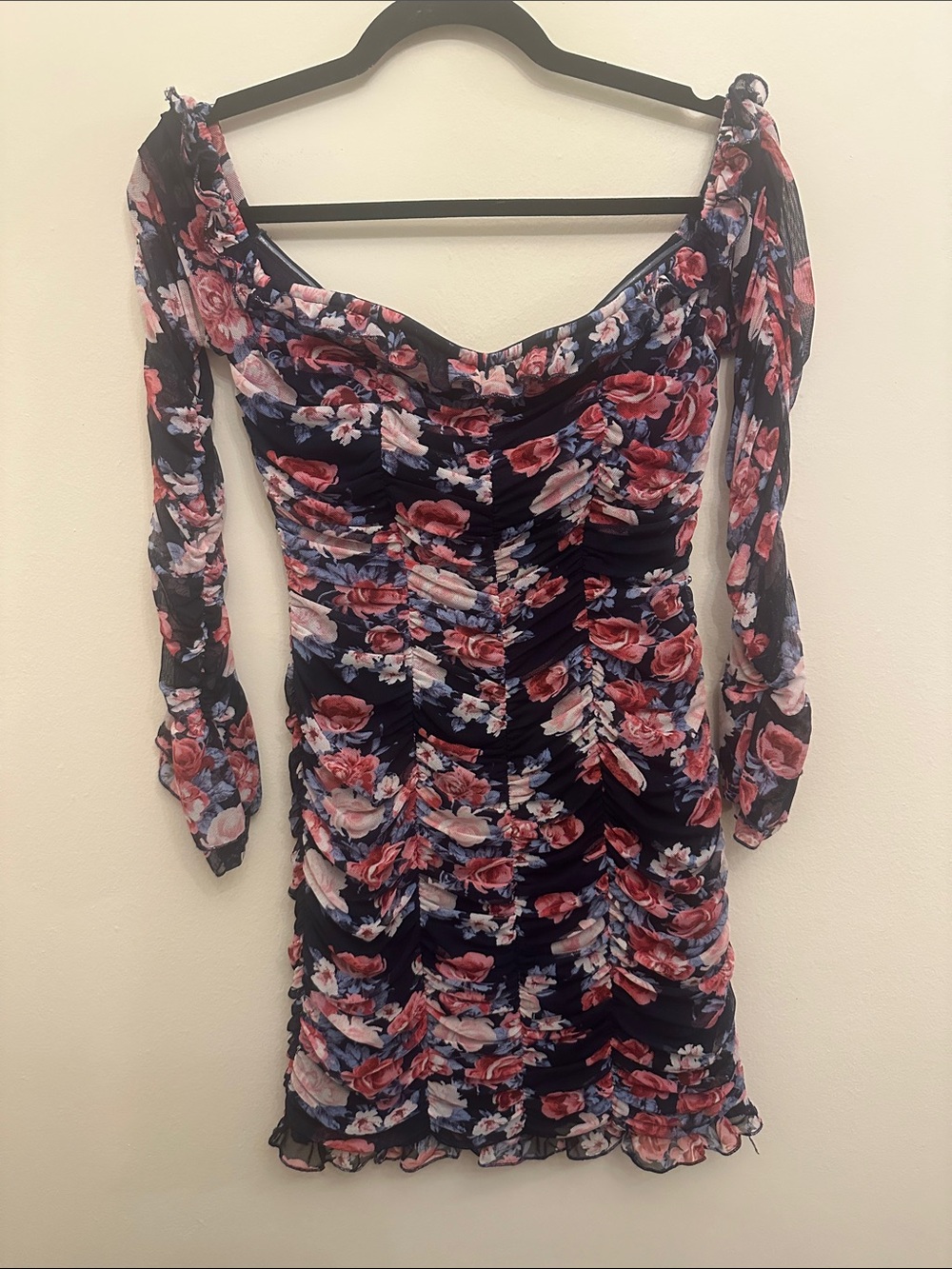 Lulu's Navy Floral Ruched Mesh Long Sleeve Off‎ the Shoulder Bodycon Dress Sz S